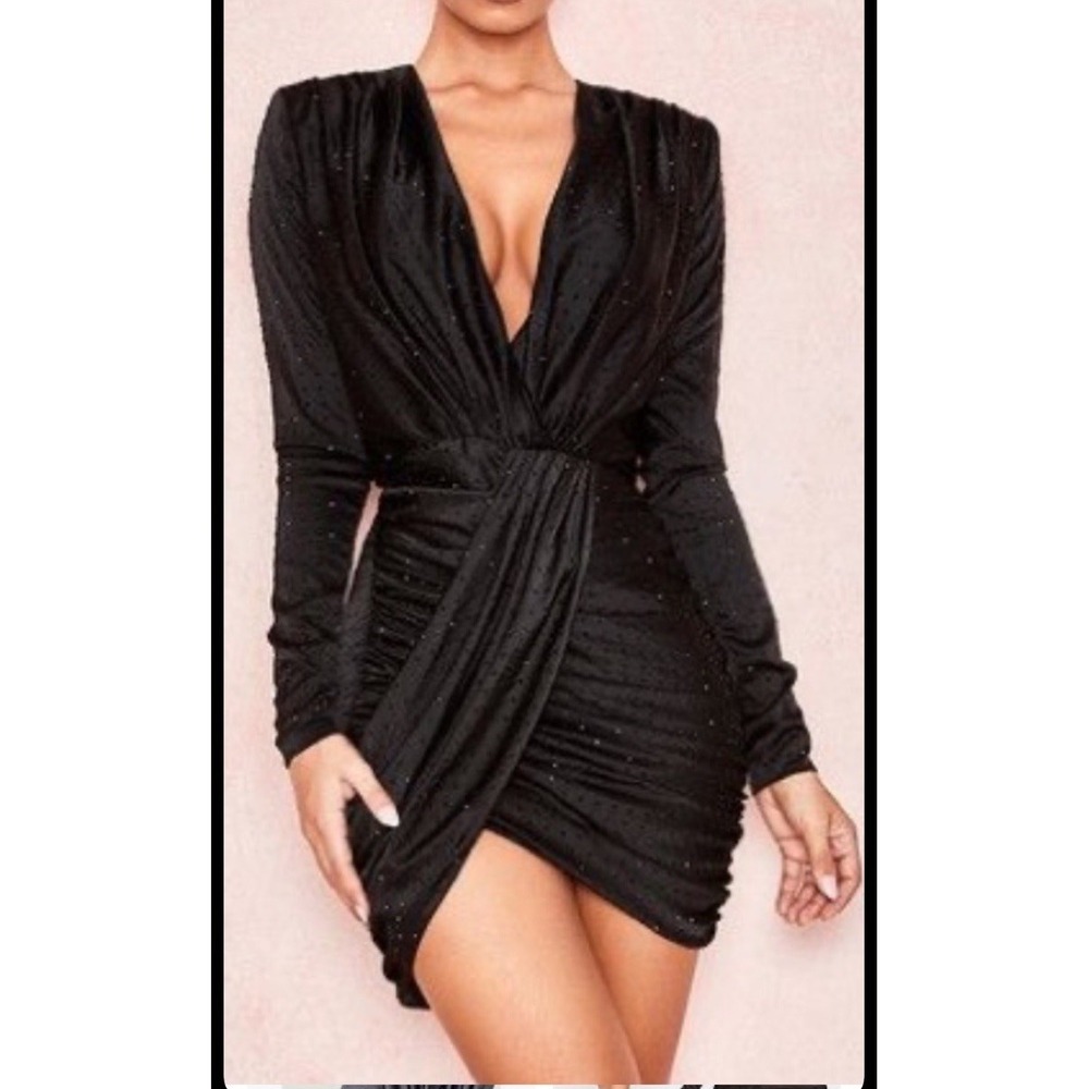 House Of CB Black Rhinestone Mini Dress Long Sleeve Size Xs Deep V